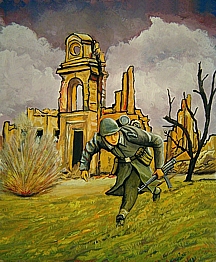  Aus dem Kriegstagebuch Zweiter Weltkrieg:   Klessin im Oderbruch,  10. März 1945. Stundenlanges Trommelfeuer, viele sind gefallen, ich bin verwundet, wir sind  eingeschlossen! (Gemälde)